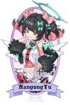  1girl bare_shoulders black_choker black_hair black_sleeves bow breasts chinese_commentary choker clothing_cutout commentary_request detached_sleeves dress grin hair_bow halo hand_on_own_hip hand_to_own_mouth highres looking_at_viewer mo_xiaolan nangong_yu navel navel_cutout pink_bow pink_hair red_eyes red_nails smile solo twintails white_dress white_wings wings zenless_zone_zero 