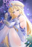  1girl absurdres bare_shoulders blonde_hair blue_eyes breasts closed_mouth commentary_request cross-shaped_pupils detached_sleeves facial_mark forehead_mark from_side genshin_impact hat highres large_breasts long_hair looking_at_viewer nicole_reeyn pantyhose sideboob sitting sleeveless smile solo star_(symbol) star_facial_mark symbol-shaped_pupils very_long_hair white_hat white_pantyhose white_sleeves yukiunag1 