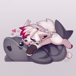 1:1 2026 anthro biped canid canine canis clothed clothed_anthro clothed_male clothing digital_drawing_(artwork) digital_media_(artwork) eyes_closed feet front_view fur hair hat headgear headwear heart_symbol hi_res inner_ear_fluff jinxit lying male mammal on_front plushie simple_background sleeping smile solo tail toes tuft wolf