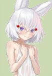  1girl agemmata animal_ears bare_shoulders blush english_commentary fingernails flat_chest fox_ears fox_girl green_background highres holding light_smile looking_at_viewer medium_hair naked_towel nude phase_connect purple_eyes simple_background smile solo sweat tenma_maemi thick_eyelashes towel upper_body virtual_youtuber white_hair white_nails 