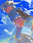  1boy battle_tendency belt bird blonde_hair blue_jacket blue_sky bracelet caesar_anthonio_zeppeli closed_eyes commentary_request cowboy_shot cropped_jacket facial_mark from_behind gloves grin hand_in_pocket headband jacket jewelry jojo_no_kimyou_na_bouken male_focus senzzang shirt short_hair sky smile solo teeth white_bird white_shirt 