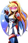  1girl \m/ armor armored_boots blonde_hair blue_boots blue_eyes boots breasts cleavage closed_mouth clothing_cutout commentary_request cowboy_shot dress gloves hairband highres kamen_america_(comic) kamen_victory looking_to_the_side medium_breasts pauldrons pink-tinted_eyewear red_gloves red_hairband sakurajyousui_nami shoulder_armor small_sweatdrop solo standing star_cutout sunglasses thigh_boots tinted_eyewear vambraces white_dress 