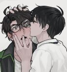  2boys bespectacled black_eyes black_hair black_jacket closed_eyes commentary curtained_hair english_commentary flustered glasses green_trim hair_between_eyes hand_in_another's_hair hand_on_another's_face jacket kim_dokja kiss male_focus multiple_boys omniscient_reader's_viewpoint shirt short_hair surprised taotaille upper_body white_shirt wide-eyed yaoi yoo_joonghyuk 