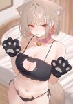  1girl animal_ear_fluff animal_ears animal_hands bed bell black_panties breasts brown_hair cat_cutout cat_girl cat_lingerie cat_paws cat_tail clothing_cutout commentary_request cowboy_shot fang highres large_breasts looking_at_viewer open_mouth orange_eyes orange_hair original panties solo sorotu standing tail underwear 