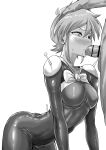  1boy 1girl absurdres all_fours allenby_beardsley bar_censor blush bodysuit breasts censored commentary_request erection fellatio g_gundam greyscale gundam half-closed_eyes hand_on_another's_head hetero highres irrumatio kaiman_garupan mecha_pilot_suit medium_breasts mobile_trace_suit monochrome oral penis short_hair sidelocks simple_background skin_tight solo_focus sweat testicles white_background 