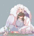 1boy 1girl barefoot black_hair closed_eyes commentary_request crescent crescent_facial_mark facial_mark fingernails forehead_mark full_body grey_background half-closed_eyes hetero highres inuyasha japanese_clothes nikka_2tim orange_eyes parted_bangs pointy_ears rin_(inuyasha) sesshoumaru sharp_fingernails sitting white_hair 