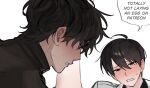  2boys black_hair black_shirt blush clenched_teeth flustered half-closed_eyes kim_dokja leg_up looking_to_the_side male_focus multiple_boys omniscient_reader's_viewpoint out-of-frame_censoring shirt short_hair taotaille tearing_up teeth yoo_joonghyuk 