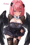  1girl black_dress black_thighhighs blush breasts cleavage dress feathered_wings highres large_breasts looking_at_viewer pink_eyes pink_hair remielle_dan short_hair signature solo thighhighs vorkiss wings zenless_zone_zero 