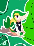 2025 3_fingers artist_name clothed clothing eyelashes female feral fingers fulgito_ast generation_5_pokemon green_background green_body green_skin green_tail hi_res long_tail nintendo pokemon pokemon_(species) purple_eyes simple_background sitting snivy solo tail text vinivy_(fulgito)
