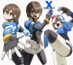  1girl aile_(mega_man_zx) armor biometal black_border blue_armor blue_helmet blue_jacket border brown_hair commentary cowboy_shot forehead_jewel green_eyes helmet henshin henshin_pose highres jacket mega_man_(series) mega_man_zx model_x_(mega_man) multiple_views robot_ears short_hair shorts sulus white_shorts 