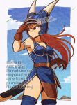  1girl armlet armor belt betabetamaru blue_armor breasts brown_eyes brown_gloves brown_hair cleavage closed_mouth daisy_(dq) dragon_quest dragon_quest_yuusha_abel_densetsu fake_horns gloves helmet highres horned_helmet horns jewelry long_hair outdoors sky solo standing sword watermark weapon 
