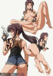  1girl abs anus ass bar_censor barefoot belt beretta_92 black_belt black_lagoon black_tank_top breasts brown_eyes brown_hair censored collarbone feet female_masturbation fingerless_gloves flou_(flou_art) from_behind gloves grin gun handgun highres holding holding_gun holding_weapon holster holstered long_sidelocks masturbation medium_breasts multiple_views naked_gloves navel nipples parted_lips patreon_username ponytail pussy revy_(black_lagoon) short_shorts shorts shoulder_holster shoulder_tattoo sidelocks smile soles tank_top tattoo toes tribal_tattoo weapon 
