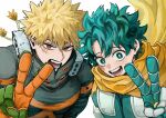  2boys bakugou_katsuki blonde_hair boku_no_hero_academia cape collared_shirt commentary_request curtained_hair double-parted_bangs freckles gloves green_eyes green_hair green_shirt highres male_focus midoriya_izuku multicolored_shirt multiple_boys o3i5hyy open_mouth orange_shirt parted_bangs red_eyes scar scar_on_cheek scar_on_face shirt short_sleeves simple_background superhero_costume teeth two-sided_gloves upper_body v white_background wide-eyed yellow_scape 