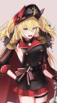  1girl absurdres admiral_hipper_(azur_lane) admiral_hipper_(retrofit)_(azur_lane) ahoge azur_lane belt black_cape black_dress black_gloves blonde_hair breasts buttons cane cape commentary dress epaulettes fur-trimmed_cape fur_trim gloves green_eyes hat highres holding holding_cane long_hair open_mouth red_skirt sideboob simple_background skirt solo thigh_strap two-sided_cape two-sided_fabric two_side_up xuwasoo 