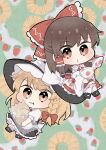  2girls apron ascot black_hat black_shoes black_skirt black_vest blonde_hair blush bow braid brown_eyes brown_hair candy chibi chibi_only commentary_request detached_sleeves eating food frilled_bow frilled_hair_tubes frills full_body hair_bow hair_tubes hakurei_reimu hat hat_bow highres kirisame_marisa long_hair multiple_girls red_bow red_skirt shoes side_braid single_braid skirt skirt_set socks touhou twitter_username uzuki_(amayadori) vest waist_apron white_apron white_bow white_socks witch_hat wrapped_candy yellow_ascot yellow_eyes 
