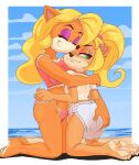absurd_res activision anthro bandicoot barefoot beach bikini bikini_bottom blonde_hair clothing coco_bandicoot crash_bandicoot_(series) diaper embarrassed exposed_diaper eyeshadow feet female fur green_eyes hair hi_res hug kneeling makeup mammal marsupial orange_body orange_fur outside paddedulf pink_outfit sand smile soiled_diaper swimwear tawna_bandicoot two-piece_swimsuit unclean_diaper used_diaper white_outfit