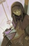  1girl absurdres akemi_homura black_hair black_pantyhose capelet commentary dress expressionless gears gun handgun highres hime_cut kornod long_hair looking_at_viewer mahou_shoujo_madoka_magica pantyhose purple_capelet purple_eyes sketch solo soul_gem very_long_hair weapon weapon_request white_dress 