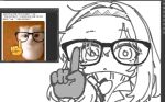  1girl :< ackchyually_(meme) arknights commentary_request ehtoring_wut glasses korean_commentary long_hair meme monochrome pointing priestess_(arknights) sweater turtleneck 