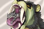 big_fangs black_nose bodily_fluids cheek_tuft duo erection facial_tuft fangs felid foreskin fur genitals green_body green_fur grey_body grey_fur head_tuft hi_res humanoid_genitalia humanoid_penis imperatorcaesar in_mouth looking_pleasured lying male male/male mammal micro mouth_play mouth_shot narrowed_eyes neck_tuft nude on_front open_mouth penis simple_background smile striped_arms sweat sweaty_face teeth tongue tongue_out tuft vore