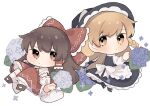  2girls apron ascot back_bow black_hat black_shoes black_skirt black_vest blonde_hair blue_flower bow braid brown_eyes brown_hair brown_shoes chibi chibi_only closed_mouth commentary_request detached_sleeves flower frilled_bow frilled_hair_tubes frilled_skirt frills full_body hair_bow hair_tubes hakurei_reimu hat hat_bow highres kirisame_marisa long_hair looking_at_viewer multiple_girls red_bow red_skirt ribbon-trimmed_sleeves ribbon_trim shoes side_braid simple_background single_braid skirt skirt_set socks touhou twitter_username uzuki_(amayadori) very_long_hair vest waist_apron white_apron white_background white_bow white_socks witch_hat yellow_ascot yellow_eyes 