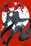  1girl absurdres black_leotard black_ribbon black_tailcoat black_thighhighs collarbone commentary full_body hair_ribbon high_ponytail highres holding holding_sword holding_weapon im_human_maybe leotard long_hair looking_to_the_side persona persona_5 persona_5_the_royal ponytail red_background red_eyes red_hair ribbon sheath solo sword thighhighs violet_(persona_5) weapon yoshizawa_kasumi 
