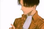 1boy ascot black_hair brown_jacket closed_mouth furrowed_brow gooooosekk grey_eyes hair_between_eyes highres jacket levi_(shingeki_no_kyojin) male_focus military_jacket paradis_military_uniform parted_bangs shingeki_no_kyojin short_hair sketch solo white_ascot white_background 