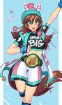  1girl absurdres animal_ears arm_up beanie belt bike_shorts bike_shorts_under_shorts black_gloves black_shirt black_shorts blush breasts brown_hair championship_belt ear_covers ears_through_headwear fingerless_gloves gloves green_belt green_eyes hair_between_eyes hair_ornament hat highres horse_ears horse_girl horse_tail jacket long_hair looking_at_viewer midriff missandydandy open_clothes open_jacket open_mouth pom_pom_(clothes) pom_pom_beanie samson_big_(racing)_(umamusume) samson_big_(umamusume) shirt short_sleeves shorts small_breasts smile solo standing standing_on_one_leg tail teeth umamusume upper_teeth_only white_jacket white_shorts 
