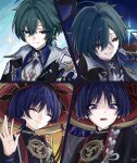  2boys absurdres ahoge armor bishounen black_blood black_bodysuit black_coat black_kimono blood blood_on_face blue_shirt blunt_ends bodysuit closed_mouth coat collared_shirt commentary_request derivative_work disgust earrings eyelashes facing_viewer false_smile frown furrowed_brow genshin_impact glint gold gold_trim hand_on_own_chest hand_up hat highres japanese_armor japanese_clothes jewelry jingasa juban kimono knife kote kurokote lohen_(genshin_impact) looking_at_viewer mandarin_collar mitsudomoe_(shape) mole mole_under_eye multiple_boys multiple_views neck_ring open_hand purple_electricity purple_eyes purple_hair purple_rope red_eyes red_hat red_kimono ring rope scaramouche_(genshin_impact) scene_reference shimenawa shirt smile smirk swept_bangs teeth tomoe_(symbol) tsurime tuyu_name4 upper_teeth_only white_kimono white_rope wing_collar wispy_bangs 