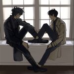  2boys black_coat black_hair black_shirt coat collared_shirt facing_another from_side full_body hand_on_own_leg heart_legs_duo indoors kim_dokja male_focus multiple_boys omniscient_reader's_viewpoint on_windowsill open_clothes open_coat shirt short_hair sitting taotaille white_coat window_light windowsill yaoi yoo_joonghyuk 