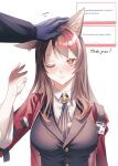  1girl animal_ears arknights black_necktie black_vest blush breasts brown_eyes brown_hair cat_ears cat_girl closed_mouth commentary_request english_text fan_request hand_on_another's_head hand_up highres id_card jacket long_hair long_sleeves looking_at_viewer looking_up magnum_0000 marshmallow_(site) medium_breasts necktie one_eye_closed open_clothes open_jacket red_jacket shirt sidelocks simple_background skyfire_(arknights) solo thank_you upper_body vest white_background white_shirt 
