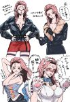  1girl anger_vein animal_collar animal_ear_hairband animal_ears animal_hands arm_behind_head armpit_crease arms_up bare_shoulders bell belt black_belt black_coat black_gloves black_jacket black_nails black_skirt blue_collar blue_shirt blush breasts brown_hair camisole cat_ear_hairband cat_ears cheek_tattoo chest_tattoo cleavage closed_mouth coat collar collarbone commentary_request covering_own_mouth cropped_coat cropped_legs earrings facial_tattoo fake_animal_ears fake_claws forehead_tattoo from_side full_cleavage fur-trimmed_jacket fur_trim genderswap genderswap_(mtf) gloves hairband hand_on_own_shoulder hands_on_own_hips hands_up highres hoop_earrings jacket jewelry jujutsu_kaisen large_breasts leg_tattoo leotard lips long_hair long_sleeves looking_at_viewer looking_to_the_side medium_breasts mesuki_peropero midriff multicolored_hair multiple_views nail_polish neck_bell parted_lips paw_gloves pink_hair red_lips red_skirt ryoumen_sukuna_(jujutsu_kaisen) shirt simple_background skirt sweat tattoo translation_request two-tone_hair upper_body white_background white_gloves white_hairband white_leotard 