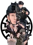  ak-74m anders_breivik assault_rifle belt black_sun_(symbol) blue_eyes brenton_tarrant bulletproof_vest buzz_cut camouflage camouflage_jacket camouflage_pants character_request christchurch_shooting chudjak commentary english_commentary english_text expressionless fingerless_gloves glasses gloves greyscale gun gun_writing highres holding jacket kalashnikov_rifle long_sleeves monochrome nazi one_eye_closed pants patrick_crusius payton_gendron pointing pointing_at_viewer real_life realistic rifle salute short_hair simple_background straight-arm_salute tactical_gloves terrorism terrorist true_crime very_short_hair weapon zoltan_(user_zznf3375) 
