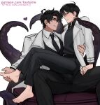  2boys barefoot black_hair black_necktie black_vest boy_on_top coat collared_shirt commentary english_commentary flustered hand_on_another's_foot hand_on_another's_waist heart kim_dokja looking_at_viewer male_focus multiple_boys necktie nervous omniscient_reader's_viewpoint open_clothes open_coat secretive_plotter shirt short_hair sitting sitting_on_lap sitting_on_person spread_legs taotaille tentacles vest white_coat white_shirt yaoi yoo_joonghyuk 