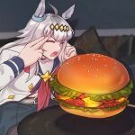  1girl absurdres ahoge animal_ears blue_sailor_collar blue_skirt brooch burger closed_eyes commentary concentrating ear_ornament finger_to_head fingers_to_head floating food glutton grey_hair hair_between_eyes hairband highres horse_ears horse_girl jacket jewelry levitation long_hair long_sleeves man_levitating_pizza_(meme) meme multicolored_hair neckerchief oguri_cap_(starlight_beat)_(umamusume) oguri_cap_(umamusume) open_mouth red_neckerchief sailor_collar shirt skirt star_brooch telekinesis umamusume warl_granada white_jacket white_shirt 
