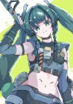  1girl :3 android arm_strap black_choker black_gloves braid braided_sidelocks choker closed_mouth commentary_request english_commentary fingerless_gloves gloves green_background green_eyes green_hair hair_ornament hands_up head_tilt highres holding holding_weapon long_hair looking_at_viewer midriff mixed-language_commentary navel police police_badge police_uniform policewoman qingyi_(zenless_zone_zero) sidelocks solo sphere_hair_ornament three_section_staff two-tone_background umikawak3_1 upper_body weapon white_background zenless_zone_zero 
