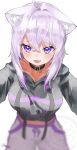  1girl :3 :d absurdres ahoge animal_ears breasts cat_ears cat_girl collarbone commentary_request fang highres hololive hood hoodie large_breasts looking_at_viewer nekomata_okayu nekomata_okayu_(1st_costume) nema_029 open_mouth purple_eyes purple_hair simple_background skin_fang smile solo virtual_youtuber 