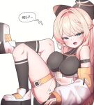  1girl absurdres bare_shoulders black_bow black_socks blue_eyes bow braid breasts commentary_request commission cramped crop_top english_text fang from_side hair_bow hh highres id_card lanyard large_breasts leg_up long_hair looking_at_viewer midriff open_mouth original shoes simple_background sitting socks solo speech_bubble stuck_in_a_box thigh_strap thighs white_background white_shoes 