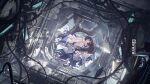  1girl 3d_background absurdres artist_logo black_hair closed_eyes columbina_(genshin_impact) commentary_request dress eye_mask full_body genshin_impact hair_ribbon hand_on_own_arm head_wings highres in_orbit indoors logo long_hair mask moon multicolored_hair nasa nasa_logo parted_lips purple_hair qi==qi red_hair ribbon scenery sleeping solo space_station toes very_long_hair wings zero_gravity 