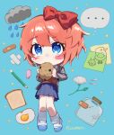  blue_eyes blue_skirt blush bow bread bread_slice collared_shirt commentary doki_doki_literature_club doki_doki_literature_club_school_uniform egg_(food) english_commentary flower food grey_jacket hair_bow highres hinaten jacket orange_sweater_vest raincloud red_bow sayori_(doki_doki_literature_club) school_uniform shirt skirt sweater_vest 