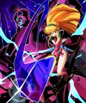  1boy 1girl altiana angry armor attack_trail blonde_hair boots brown_eyes clenched_teeth commentary_request de_gaulle_(space_hunter) debris elbow_pads electricity energy_sword fake_horns glint gloves green_eyes green_hairband hairband helmet highres holding holding_sword holding_weapon horned_helmet horns humanoid_robot leotard long_hair open_mouth pink_armor pink_boots pink_gloves pink_helmet pink_leotard planet robot sakurajyousui_nami science_fiction shoulder_armor space space_hunter swinging_weapon sword teeth upper_teeth_only weapon 