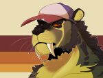  4:3 absurd_res anthro beard big_fangs bust_portrait clothing facial_hair fangs feid felid front_view fur grey_beard grey_body grey_facial_hair grey_fur hat headgear headwear hi_res imperatorcaesar male male_anthro mammal mouth_closed narrowed_eyes orange_eyes portrait simple_background solo teeth toothpick toothpick_in_mouth whiskers yellow_body yellow_fur 