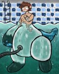 absurd_res air_pumped_in_belly_button anthro blush gender_transformation goo_creature hi_res human humanoid inflation looking_at_hand male mammal mastectomy_scar mustelid musteline pool_toy pooltoy_transformation scar solo starry_stoat stoat swimming_pool tav_(starry_stoat) transformation true_musteline underwater water weasel