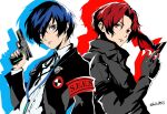  2boys armband black_gloves black_jacket black_ribbon blue_eyes collared_shirt colored_shadow commentary_request curtained_hair drop_shadow gekkoukan_high_school_uniform gloves gun handgun headphones headphones_around_neck highres holding holding_mask holding_weapon jacket kaito_ikeuchi kamishiro_nagisa long_sleeves looking_at_viewer male_focus mask multiple_boys neck_ribbon open_clothes open_jacket parted_bangs persona persona_3 persona_5 persona_5:_the_phantom_x red_armband red_eyes ribbon s.e.e.s school_uniform shadow shirt short_hair suit_jacket unworn_headphones unworn_mask upper_body wavy_hair weapon white_background white_shirt wing_collar wonder_(p5x) yuuki_makoto_(persona_3) 