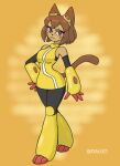  1girl animal_ears black_pants cat_ears cat_girl cat_tail commentary dress gameoverse goggles goggles_on_head highres kit_(gameoverse) ldalgol looking_at_viewer pants solo tail yellow_dress 