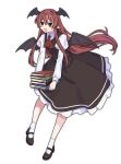  1girl :d absurdres ascot book brown_shoes brown_skirt brown_vest collared_shirt commentary_request demon_wings fang frilled_skirt frills full_body head_wings highres holding holding_book juliet_sleeves koakuma long_hair long_sleeves mary_janes nnn_lu one-hour_drawing_challenge open_mouth pointy_ears puffy_sleeves red_ascot red_eyes red_hair shirt shoes simple_background skin_fang skirt skirt_set smile socks solo touhou very_long_hair vest white_background white_shirt white_socks wings 