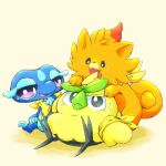  :d bandana black_eyes browt commentary_request dog gecqua highres kinakomochi_(kazuna922) lizard no_humans pink_eyes pokemon pokemon_(creature) pokemon_focus pokemon_winds_and_waves pombon purple_eyes smile starter_pokemon_trio sweatdrop yellow_bandana 