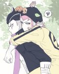  2boys animal animal_on_head arms_around_neck bandaged_arm bandages black_hair black_jacket blood braid bruise bruise_on_face carrying cham-p collared_jacket commentary crying crying_with_eyes_open danganronpa_(series) danganronpa_2:_goodbye_despair from_side grey_hair hamster hamster_on_head holding holding_leaf injury jacket jum-p jumpsuit leaf looking_to_the_side maga-g male_focus medium_hair mngs_os multicolored_hair multiple_boys nose_bubble on_head outdoors piggyback pink_eyes plant purple_scarf scar scar_across_eye scar_on_face scarf shirt short_sideburns side_braid sideburns sideways_glance sleeping soda_kazuichi speech_bubble spoken_squiggle squiggle streaked_hair sun-d tanaka_gundham tears untranslatable_commentary v-shaped_eyebrows white_shirt widow's_peak yellow_jumpsuit 