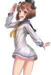  1girl blush brown_hair cowboy_shot hair_ornament highres kantai_collection looking_at_viewer looking_back panties sailor_collar salute see-through_clothes short_hair simple_background skirt smile thighs underwear white_background yellow_eyes yukikaze_(kancolle) 
