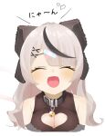  1girl :d absurdres arms_at_sides bandaid bandaid_hair_ornament bangs_pinned_back bare_shoulders bell black_bow black_collar black_dress black_shirt black_streaks blush bow breasts cleavage cleavage_cutout closed_eyes clothing_cutout collar commentary_request cropped_torso crossed_bandaids dot_nose dress facing_viewer fang grey_hair hair_bow hair_ornament heart_cutout highres hololive large_breasts multicolored_hair neck_bell nema_029 official_alternate_costume open_mouth parted_bangs sakamata_chloe sakamata_chloe_(jirai_kei) shirt simple_background sleeveless sleeveless_dress sleeveless_shirt smile solo streaked_hair virtual_youtuber white_background x_hair_ornament 