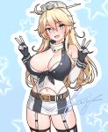  1girl absurdres american_flag american_flag_legwear american_flag_print blonde_hair blue_eyes breasts double_v elbow_gloves flag_print front-tie_top furaggu_(frag_0416) garter_straps gloves hair_between_eyes headgear highres iowa_(kancolle) kantai_collection large_breasts long_hair miniskirt open_mouth round_teeth skirt smile solo star-shaped_pupils star_(symbol) striped_clothes striped_skirt striped_thighhighs symbol-shaped_pupils teeth thighhighs upper_teeth_only v vertical-striped_clothes vertical-striped_skirt vertical-striped_thighhighs very_long_hair 